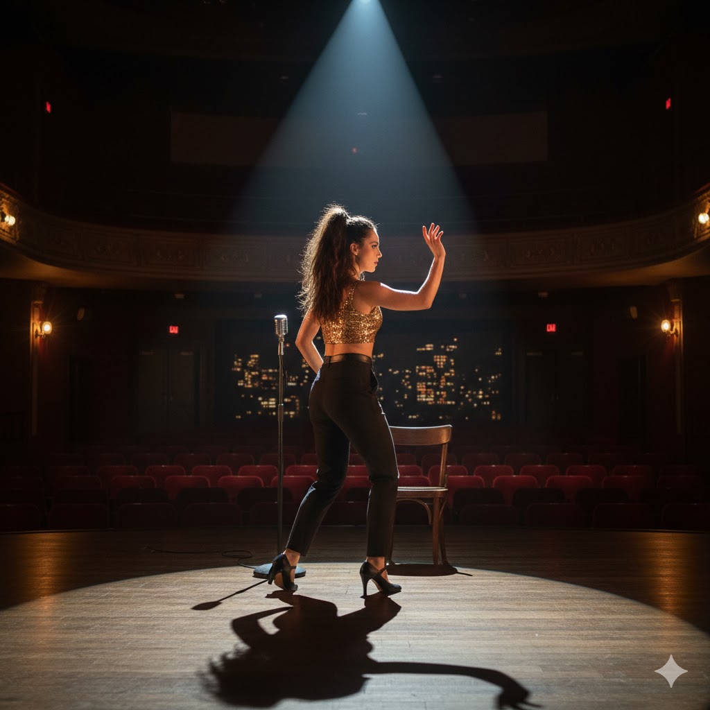A musical theatre student stands on a dark wooden stage, viewed from behind. She is illuminated by a dramatic overhead spotlight, wearing a gold sequined top and black trousers. In the background, an empty theatre with red seats and a vintage microphone stand are visible, capturing the atmosphere of a performance or audition.